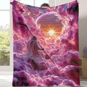 Surreal Grim Reaper Flannel Blanket Cosmic Sunset Cloudscape Print Soft Warm Lightweight Cozy Throw for Bedroom Living Room Meditation Space Gift