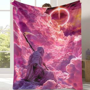 Mystic Reaper Flannel Blanket Cosmic Fantasy Cloudscape Print Soft Warm Lightweight Cozy Throw for Bedroom Living Room Reading Nook Meditation Space Gift