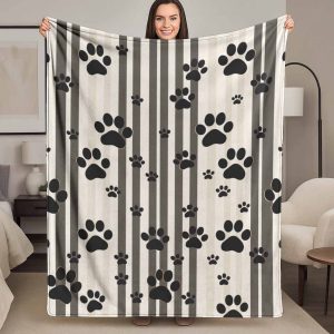Paw Print Flannel Fleece Blanket, Black and Gold Paw Prints on Stripes, Perfect for Bedroom, Living Room, Dorm Room, Sofa, Couch, and Camping Trips, Ideal for Valentine's Day, Christmas, Thanksgiving, Mother's Day, Father's Day, and Birthday Gifts.