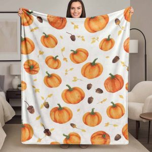 Autumn Pumpkin Flannel Fleece Blanket, Watercolor Pumpkin & Acorn Print, Perfect for Fall, Thanksgiving, Halloween, Cozy Nights In, Bedroom Decor, Sofa Throws, and Holiday Gatherings.