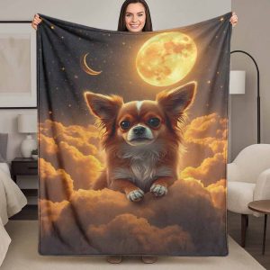 Adorable Chihuahua Flannel Blanket, Moonlit Clouds Print, Perfect for Bed, Couch, Travel, Camping, Picnic, and Sofa, Ideal for Cozy Nights, Romantic Dates, and Relaxing Evenings.