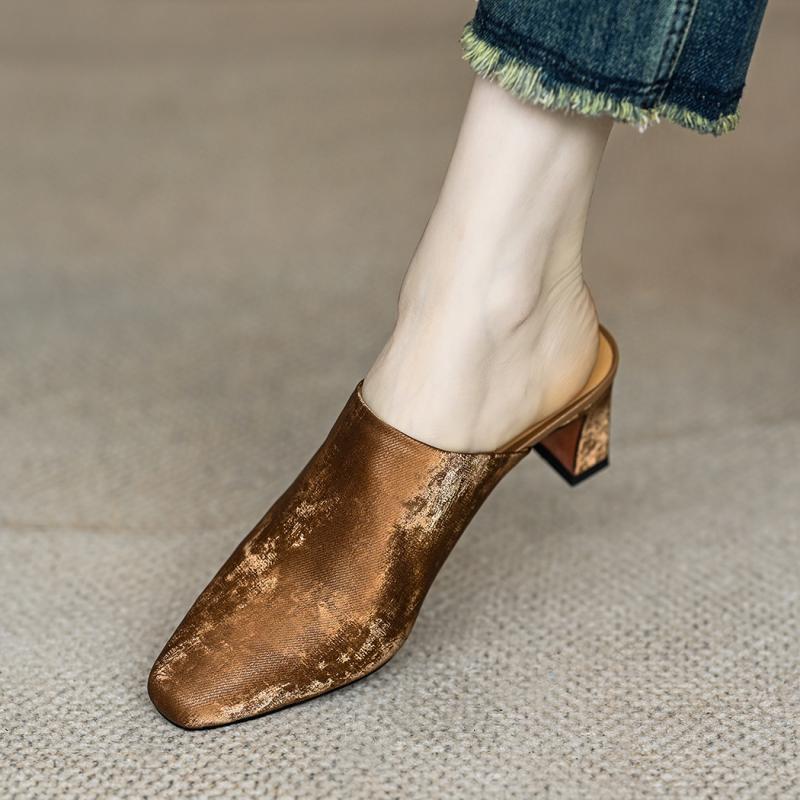 New Chinese style Baotou semi-drag women's summer wear square-head thick heels simple lazy muller slippers