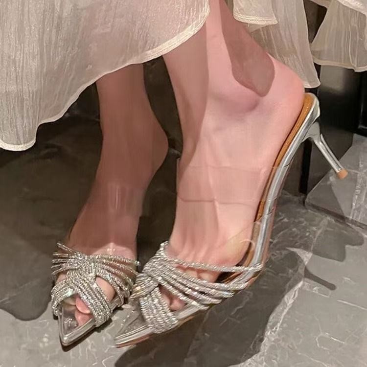 French silver transparent rhinestone stiletto heels summer niche design sense Baotou mid-heel sandals for women